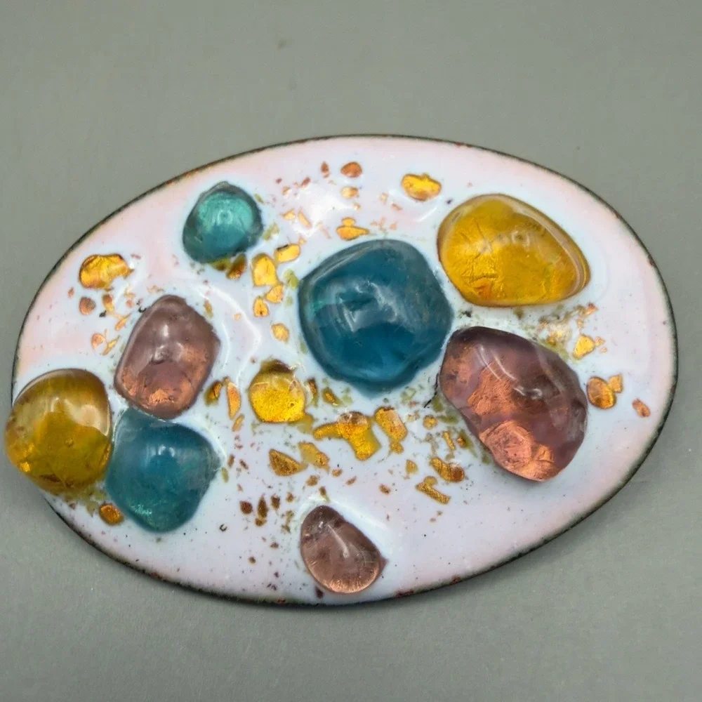 Vintage Oval Enamel Brooch Multi Color Glass Cabochons Gold Flake Art Glass 2.25